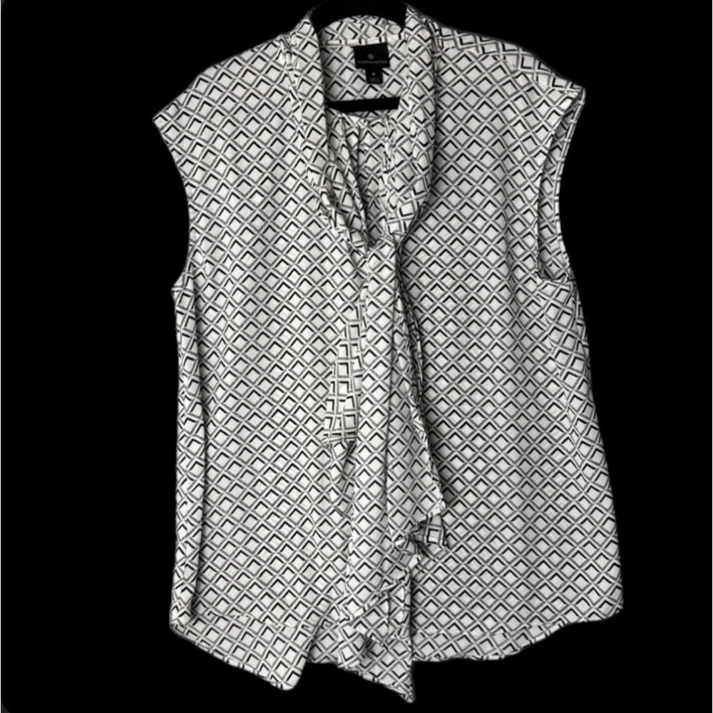 Worthington Tie Neck Blouse Women Medium Black White Geometric Sleeveless Top - Picture 1 of 10